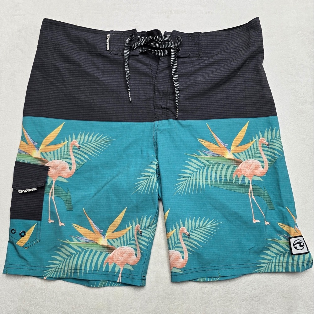 Ocean Current Flamingo Tropical Board Shorts Teal Black Mens 34 Summer Beach